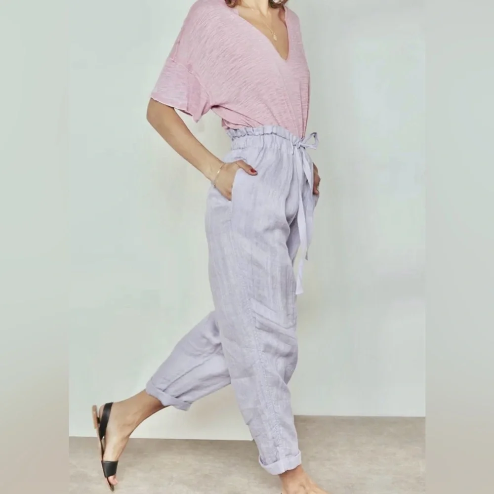 Free People Only Over You Linen Pant in Blue Pearl Tie Bag Waist Straight Leg - Picture 4 of 14